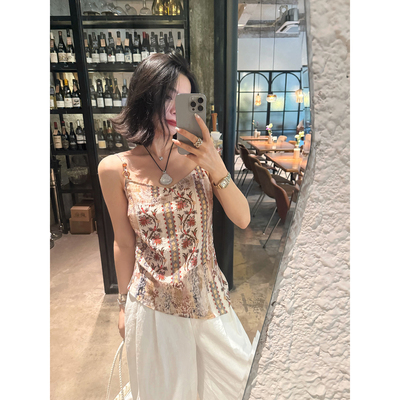 复古印花亚麻不规则吊带