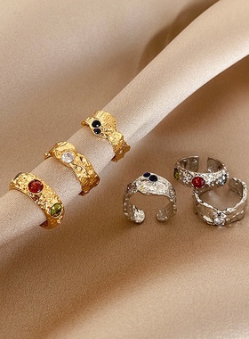 小众设计感不规则金属戒指女法式复古彩色锆石个性指环戒子冷淡风