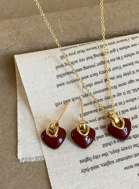 安可拉红滴油爱心项链耳钉女简约小众轻奢复古时尚百搭颈链毛衣链