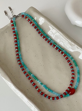 复古氛围感红蓝串珠项链女ins小众设计个性独特百搭颈链锁骨链