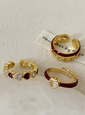 安可拉红滴油爱心金属开口戒指女法式复古个性简约百搭指环戒子