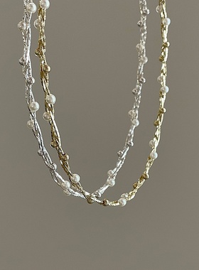 复古感珍珠金属编织缠绕项链女小众独特个性时尚颈链锁骨链