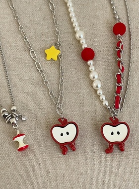 甜美可爱红苹果吊坠项链女小众独特个性时尚气质百搭颈链毛衣链