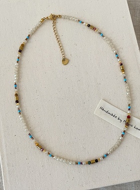 新中式轻奢天然石串珠项链女复古优雅时尚气质潮流百搭颈链锁骨链