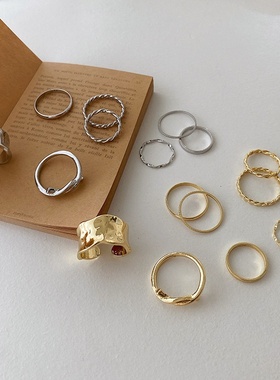 韩国东大门戒指女冷淡风气质百搭不规则金属开口指环八件套装戒指