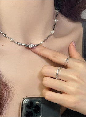 小众设计感不规则金属珍珠项链女韩国个性简约百搭气质颈链锁骨链