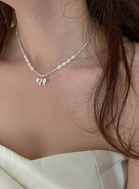 碎银子金属淡水珍珠蝴蝶结项链女韩国小众复古个性百搭颈链锁骨链