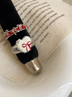 温柔甜美滴油爱心蝴蝶结开口戒指女小众气质优雅通勤百搭指环戒子