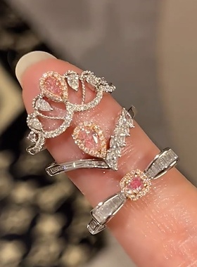 轻奢粉色锆石金属开口戒指女小众个性简约百搭气质时尚指环戒子