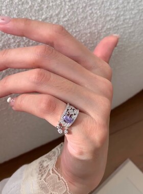 中古风紫色锆石水滴流苏开口戒指女轻奢复古优雅时尚百搭指环戒子