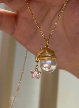 氛围感金色圣诞帽珍珠吊坠项链耳钉女温柔甜美精致百搭颈链毛衣链