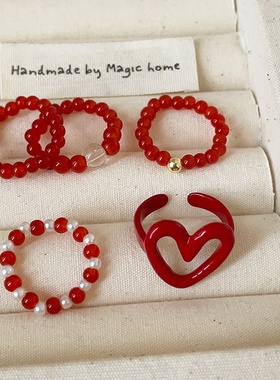 红色滴油爱心串珠弹力绳戒指女复古个性时尚通勤简约百搭指环戒子