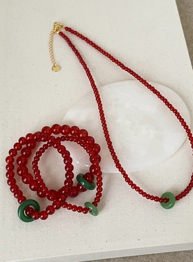新中式红色串珠绿色跑环弹力绳手链项链女轻奢时尚百搭手环手饰