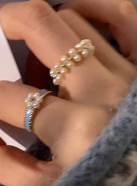 蓝色滴油珍珠花朵戒指套装女韩国复古个性简约百搭气质指环戒子