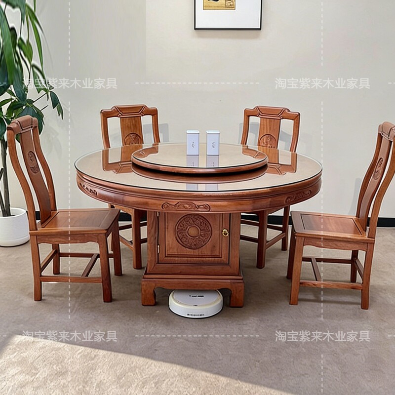 高档中式花梨木餐桌椅组合实木大圆桌带转盘别墅家用吃饭圆形桌子