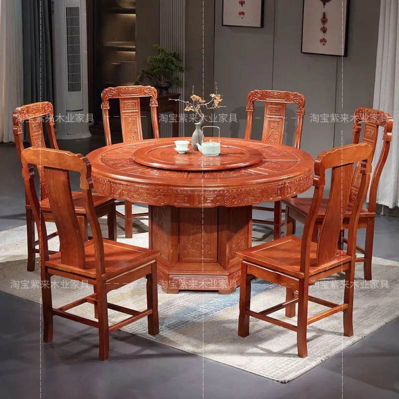 中式印尼花梨木实木大圆桌家用圆形餐桌10人带转盘餐厅饭店吃饭桌