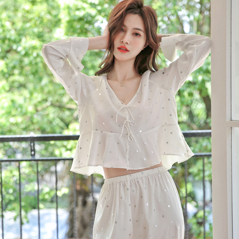 春夏季长袖冰雪丝睡衣女性感轻奢高级感白色波点家居服套装可外穿