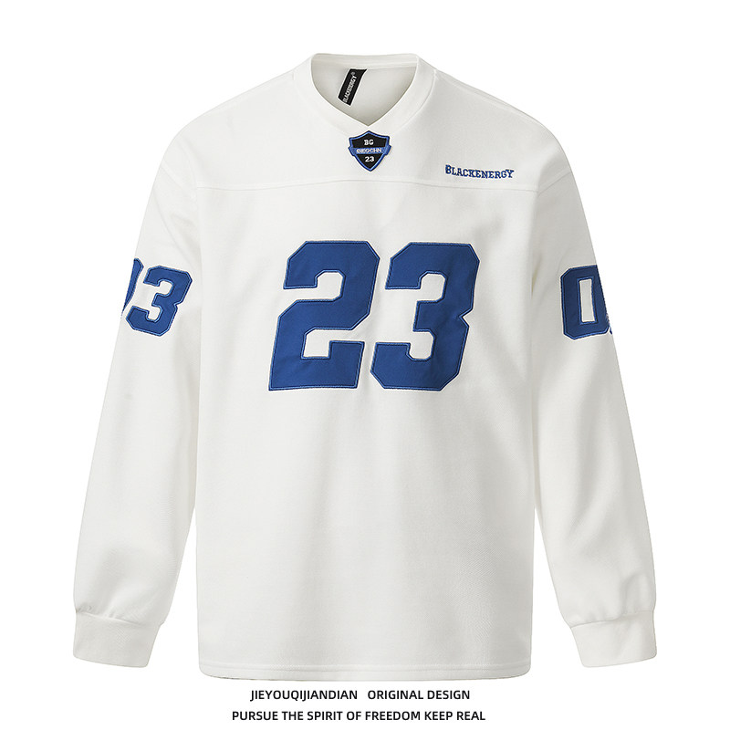 美式复古重磅数字印花运动风长袖T恤春秋男女宽松休闲百搭上衣潮