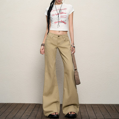 卡其色宽松低腰微喇美式