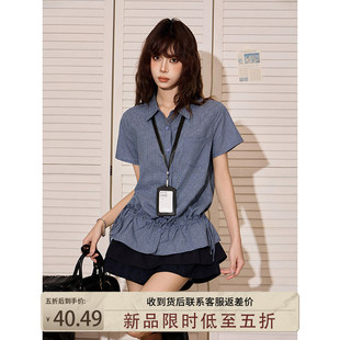 美式辣妹蓝色格子正肩短袖衬衫女夏季修身收腰设计感短版衬衫上衣