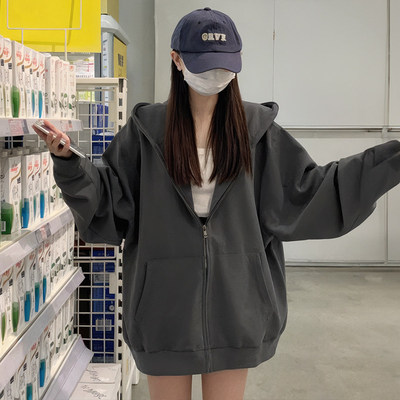 深灰色连帽拉炼卫衣女春
