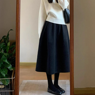 黑色毛呢半身裙女秋冬新