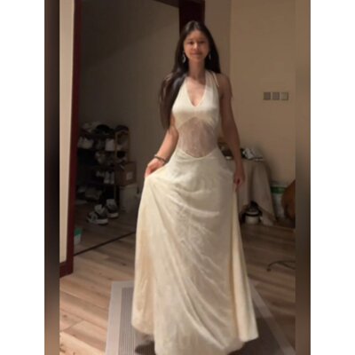 法式网纱提花V领挂颈洋装