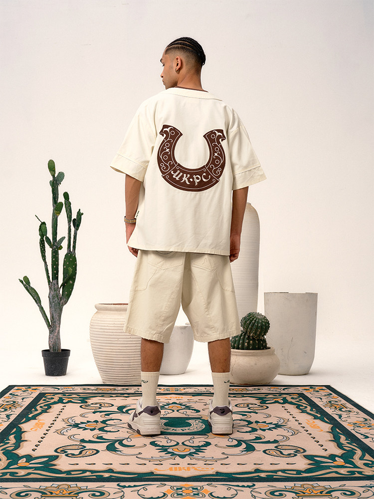 UKPC 여름 패치 자수 야구 칼라 반팔 카디건 레트로 티셔츠 아메리칸 트렌디 하이 스트리트 루즈 커플 반팔