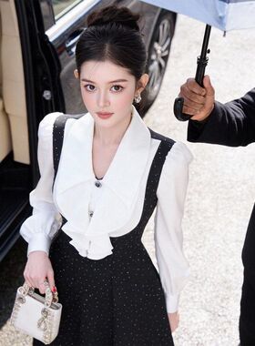 miu系气质荷叶边拼接收腰烫钻大摆黑色连衣裙财阀千金礼服裙21974