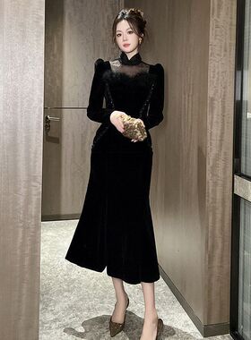 生日礼服裙2025秋装新款女法式透视网纱拼接修身丝绒连衣裙45087