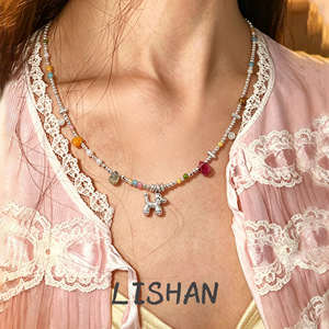 LISHAN甜美夏日多巴胺彩色天然石碎银串珠项链简约百搭ins小狗