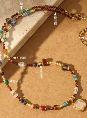 LISHAN秋季新品复古天然石串珠项链松弛显贵褶皱鎏金方牌吊坠锁骨