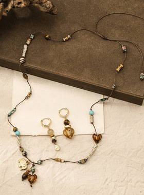 秋冬新款琥珀流光虎眼石天然石编织长毛衣链复古精致小象叠戴