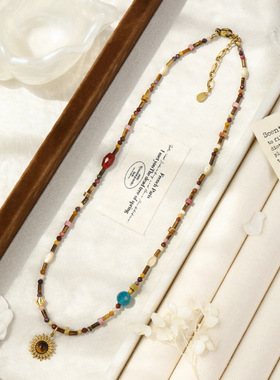 部落民族风天然石串珠项链女复古美拉德虎眼石贝壳叠戴锁骨链