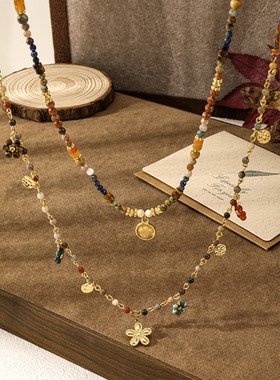 复古轻奢半宝石项链民族风手工彩绳长款感毛衣链波西配饰套装