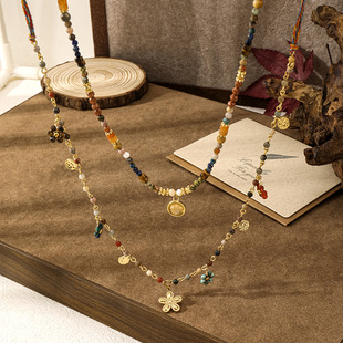 复古轻奢半宝石项链民族风手工彩绳长款 感毛衣链波西配饰套装