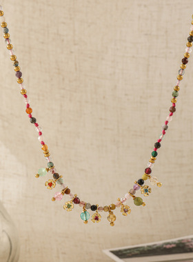 春夏新款度假风小众多宝石彩色项链小花锁骨链设计多巴胺配饰