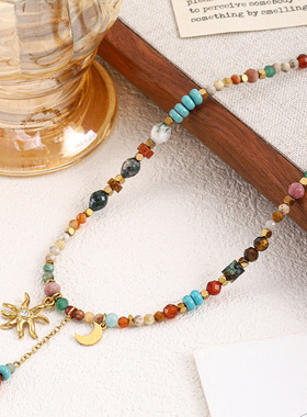 复古民族风虎石蓝松彩色串珠项链波西米亚异域风情红玛瑙锁骨链