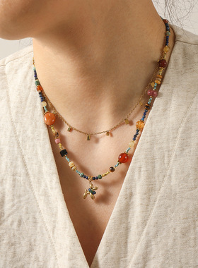 复古新中式青金石红玛瑙串珠项链女小众独特疯狂玛瑙民族风锁骨