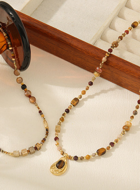 太阳花虎眼石项链中式复古串珠项链女秋冬小众叠戴颈链设计感配饰