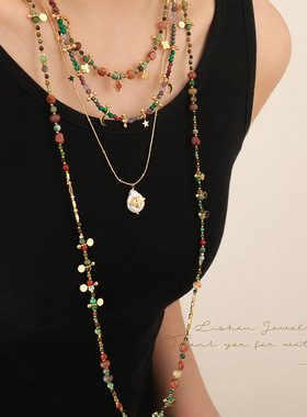 非洲松石多层颈链轻奢小众四叶草米珠高 级感波西米亚长款项链女