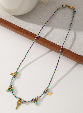 彩色手工编织星星月亮吊坠镀18K真金项链民族风锁骨链长度可调节