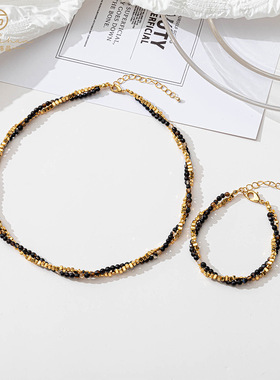 厂家新款双层天然石锁骨链套饰手工串珠黑玛瑙真金项链手链女