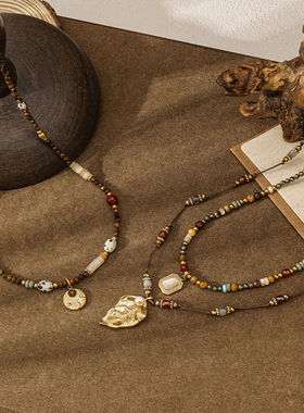 天然石串珠树叶吊坠虎眼石毛衣链方形贝壳钛钢不掉色长款轻奢项链