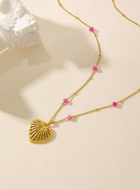 欧美跨境粉色爱心纹路吊坠不锈钢项链天然石颈链女小众设计锁骨链