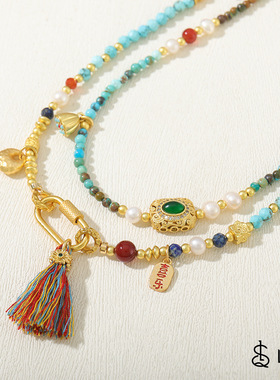 国潮天然石串珠项链原创新中式国风流苏设计复古绿松石毛衣链