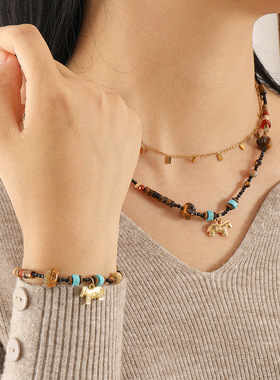 逐日裘马 原创复古虎眼石松石串珠项链配饰轻奢小众感锁骨链