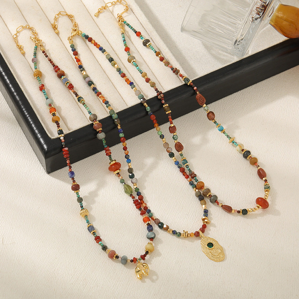 法式复古红玛瑙小象吊坠金沙石项链女气质天然湖北松民族风毛衣链