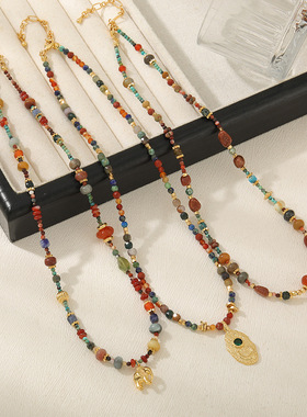 法式复古红玛瑙小象吊坠金沙石项链女气质天然湖北松民族风毛衣链