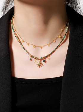 复古彩色天然石手工串珠项链小众设计黄铜叠戴锁骨链星星吊坠颈链